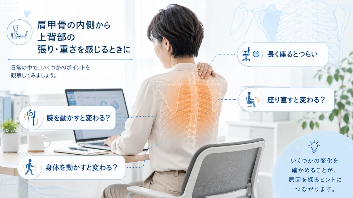 デスクワーク中に肩甲骨内側や上背部の張りを感じる状態
