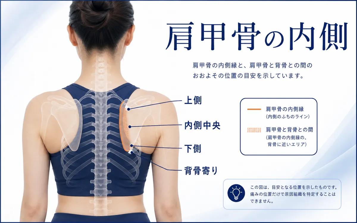 肩甲骨の内側縁から背骨との間と上側・中央・下側の位置を示す図
