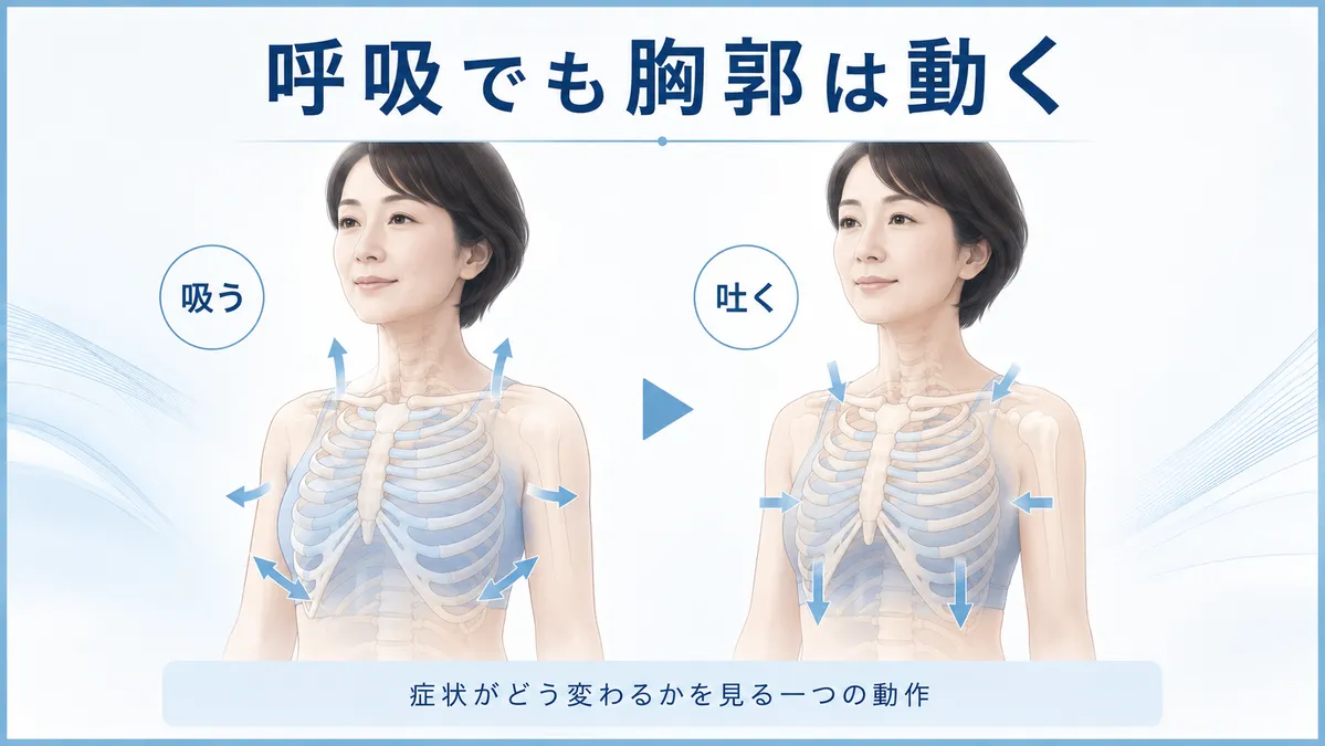 息を吸う・吐く動作に伴って胸郭や肋骨が動く様子