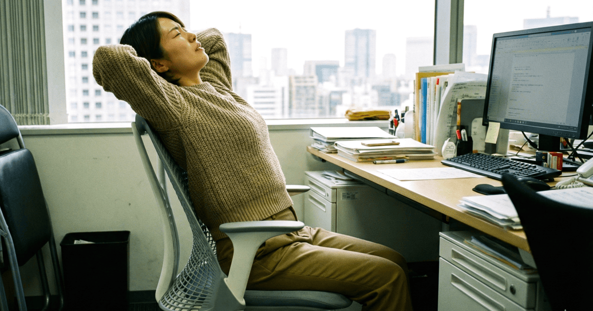 長いデスクワークで背中が痛くなって椅子に座ったまま背筋を伸ばしている日本人女性