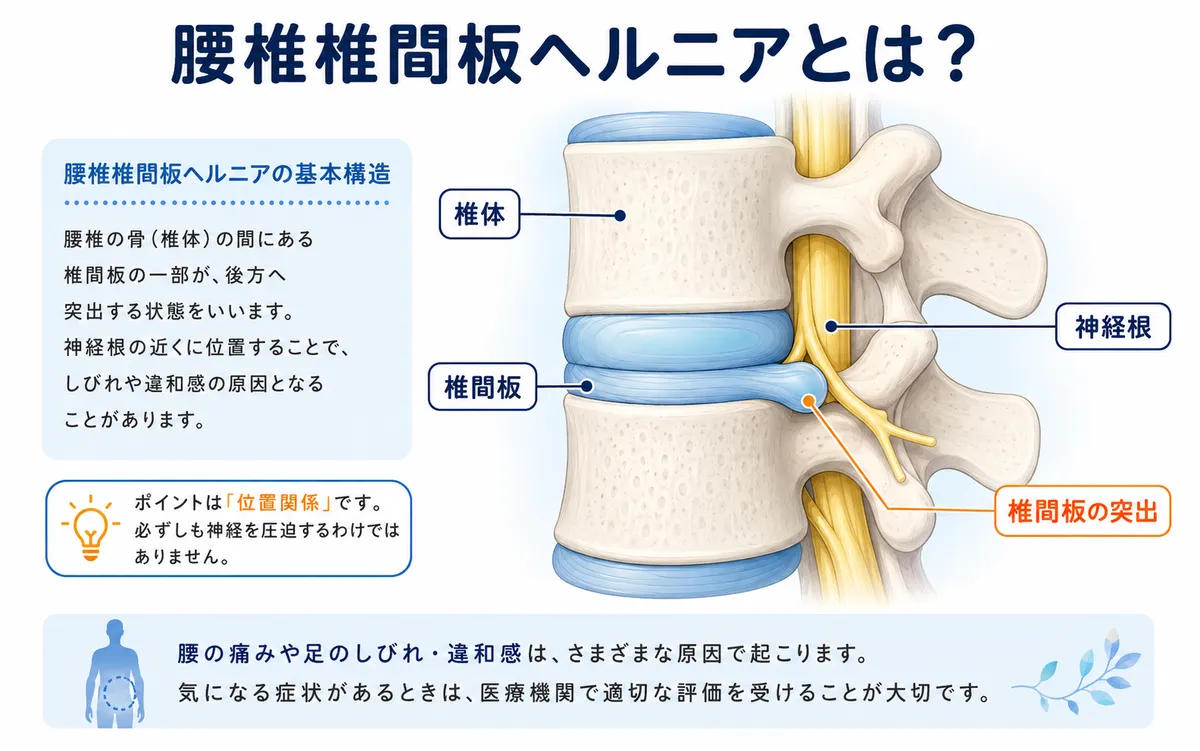 腰椎の椎間板が突出し神経根の近くに位置する腰椎椎間板ヘルニアの構造図
