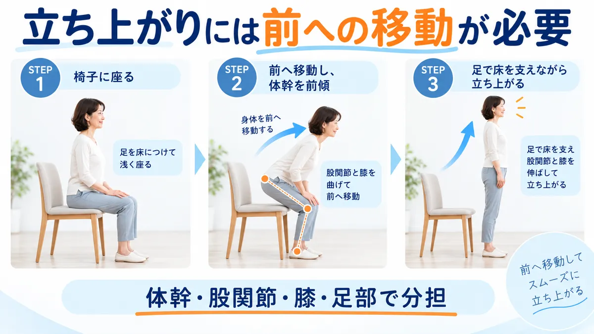 体幹角度によって股関節と膝へ求められる力の割合が変わる図