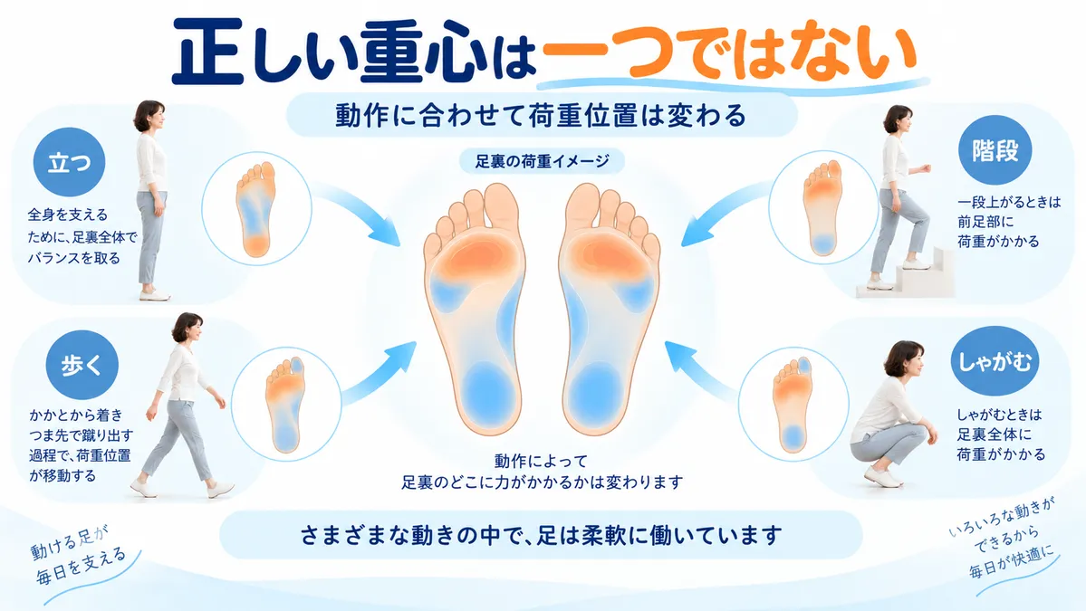 立位や歩行など動作によって足裏の荷重位置が変化することを示す図