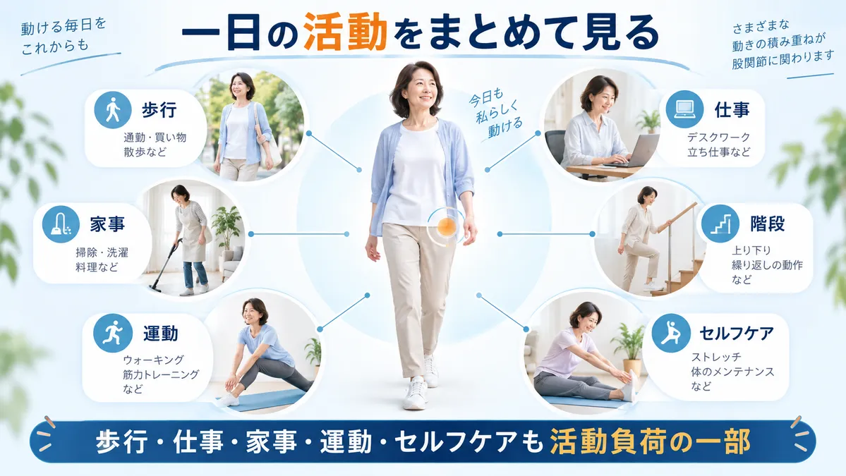 歩行・仕事・家事・階段・運動・セルフケアが一日の活動負荷になることを示す図