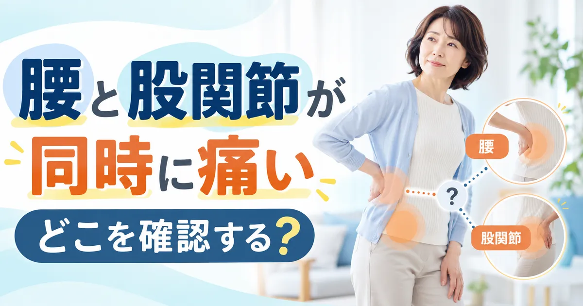 腰と股関節が同時に痛むときに確認するポイントを表した女性の図解