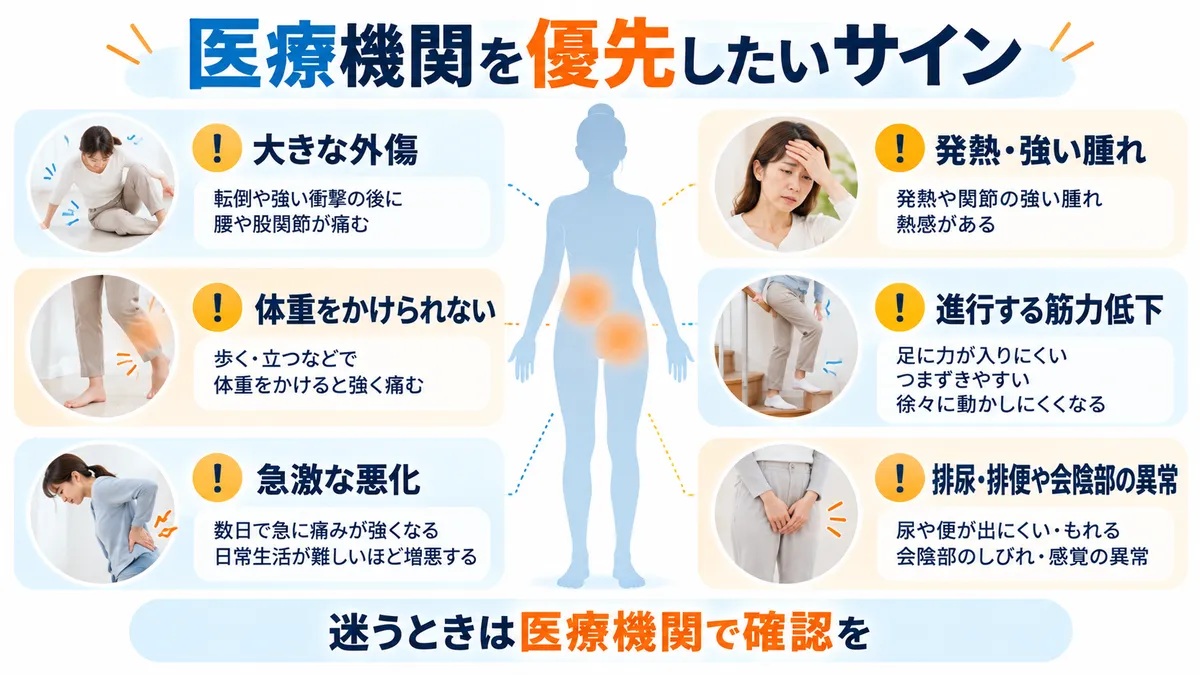 外傷・発熱・筋力低下・排尿排便異常など医療機関を優先したいサイン