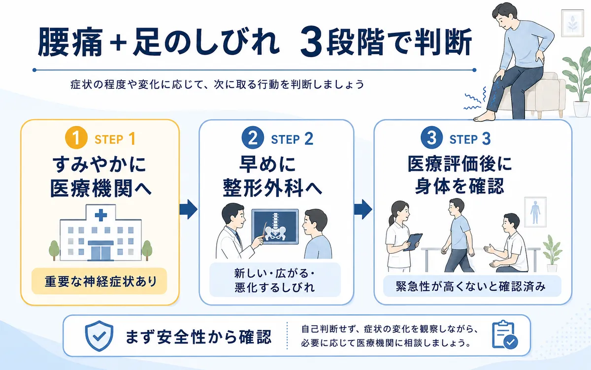 腰痛と足のしびれをすみやかな医療受診、早めの整形外科受診、医療評価後の身体確認の3段階で判断する図