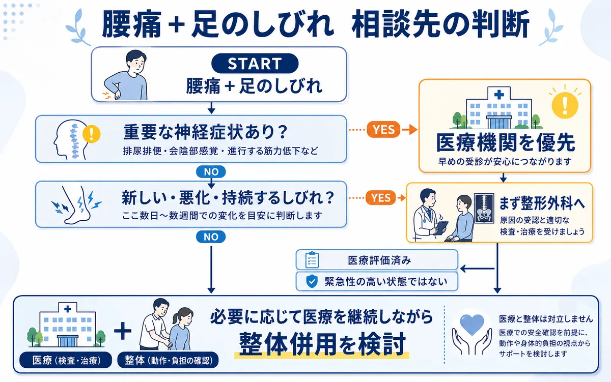 腰痛と足のしびれで重要な神経症状を確認し、整形外科受診から必要に応じて整体併用を検討する判断フロー