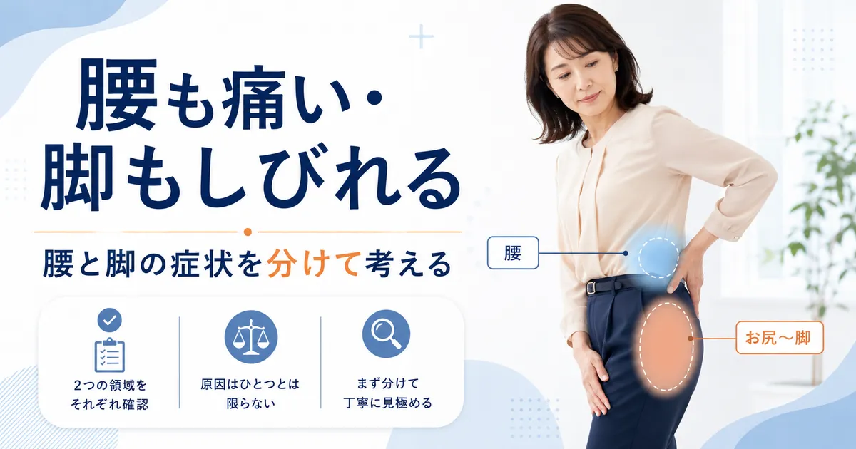 腰痛とお尻から脚への痛みやしびれが同時にあるとき腰と脚の症状を分けて考えるイメージ