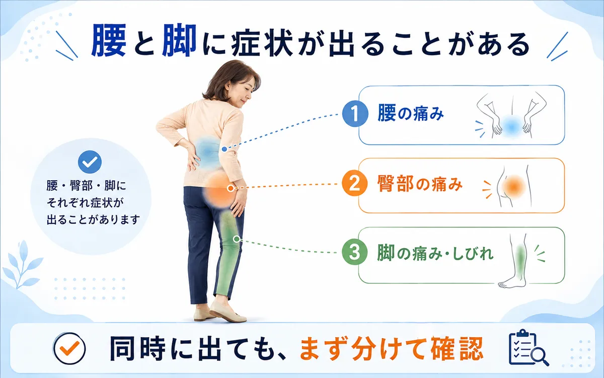腰痛と臀部から脚への痛みやしびれが同時にある状態を腰・臀部・脚に分けて示した図