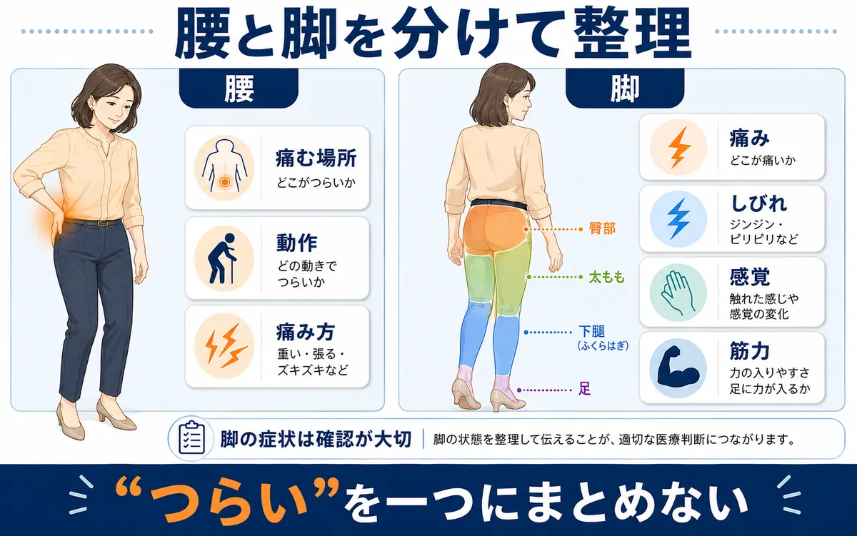 腰痛と脚症状を分け、脚は痛み・しびれ・感覚・筋力に分けて確認する図