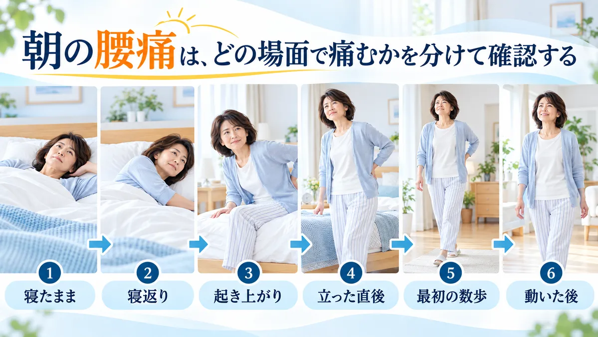 朝の腰痛を寝たままから動いた後までの場面に分けて確認する図