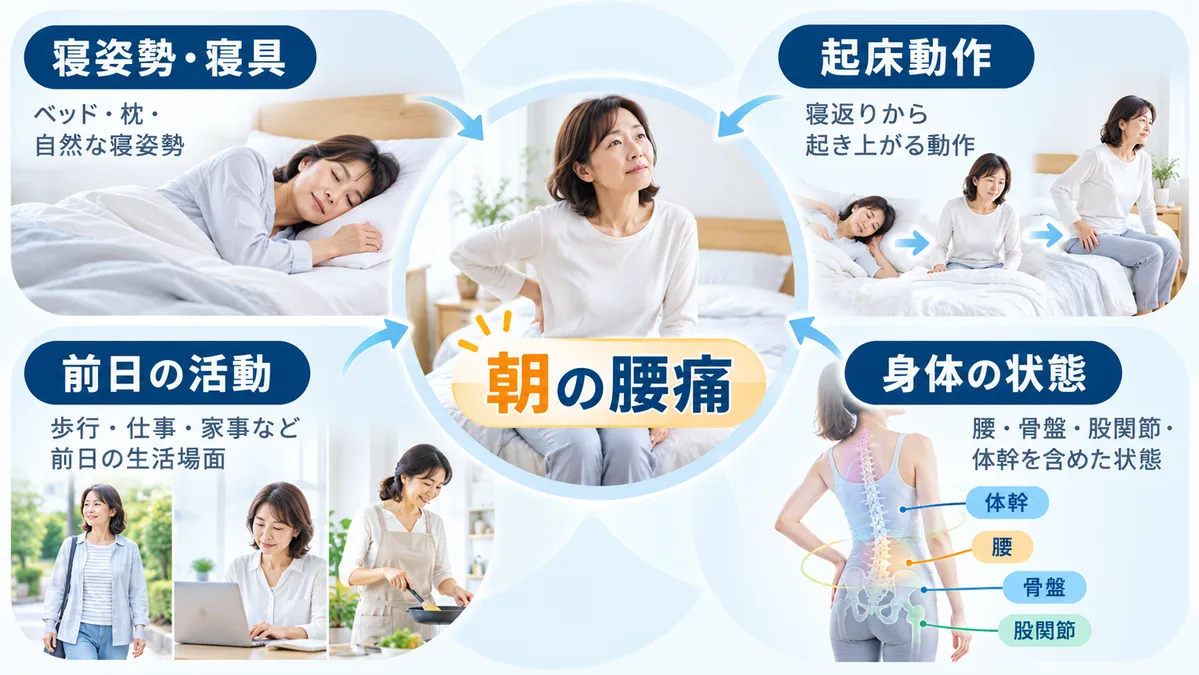 寝姿勢や寝具だけでなく起床動作や前日の活動も合わせて朝の腰痛を確認する図