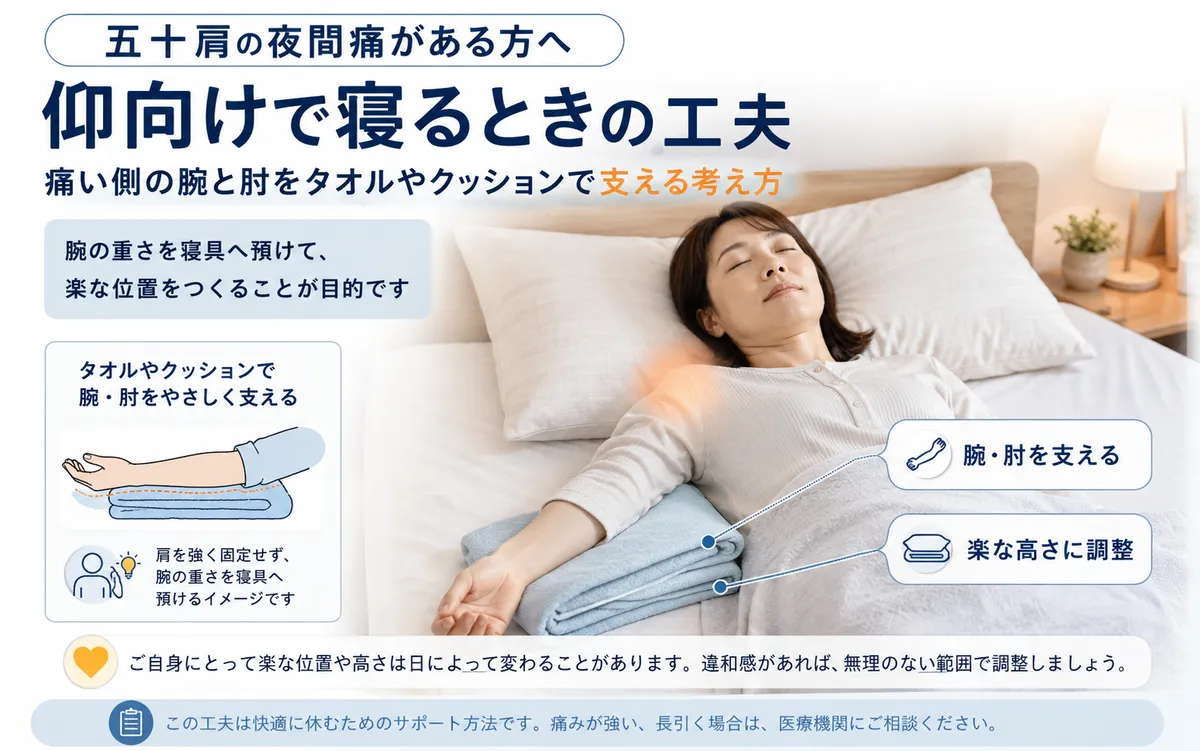 五十肩の夜間痛で仰向けに寝る際に腕と肘をクッションで支える方法