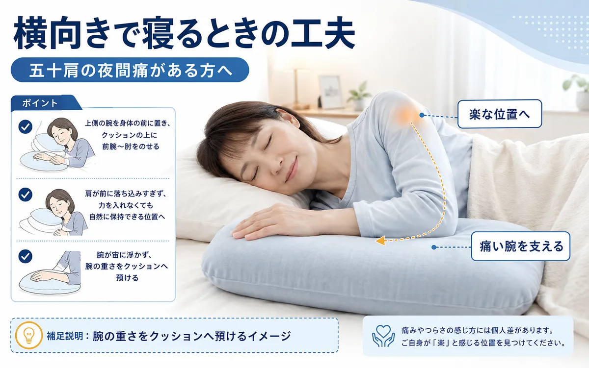 五十肩で寝返りをするときに腕を置き去りにせず身体と一緒に動かす方法