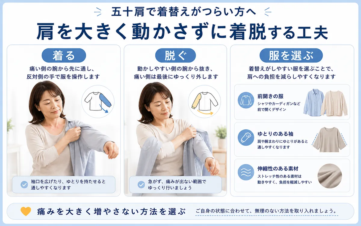 五十肩で着替える際の腕の通し方と前開きやゆとりのある服を選ぶ工夫