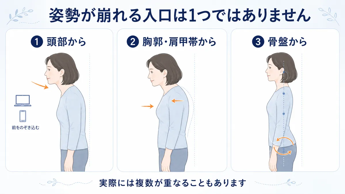 頭部・胸郭肩甲帯・骨盤から姿勢が崩れ始める3タイプ