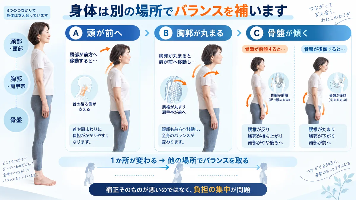 頭部・胸郭・骨盤の一部の変化を他の部位が補正する仕組み