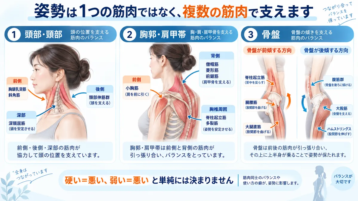 頭部・胸郭肩甲帯・骨盤を前後から支える代表的な筋肉