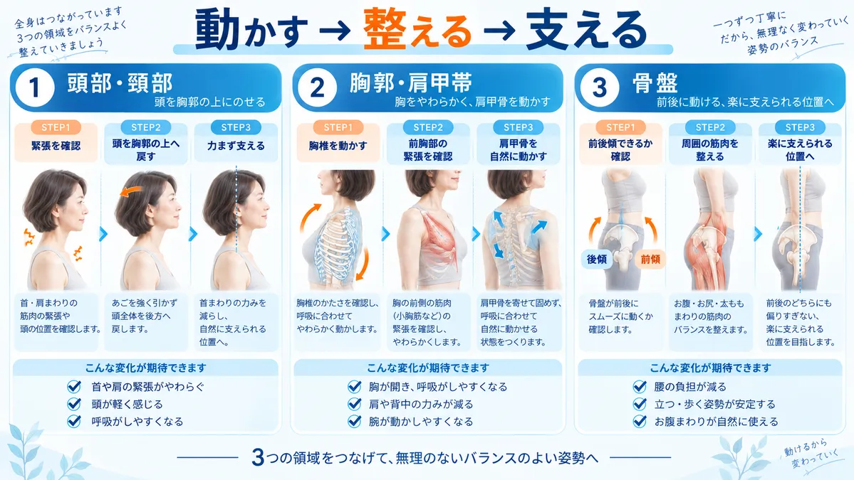 頭部・胸郭肩甲帯・骨盤で動かす整える支える順番を示す姿勢改善図解