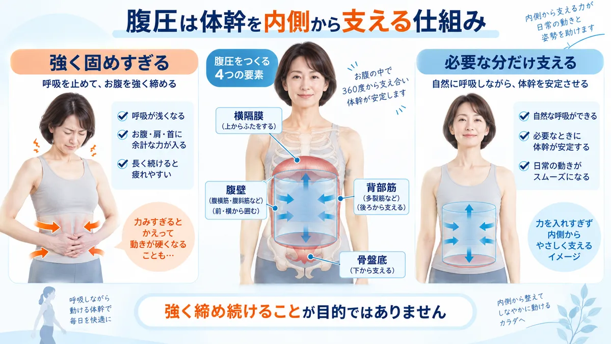 横隔膜・腹壁・骨盤底・背部筋が協調して腹圧で体幹を支える仕組み