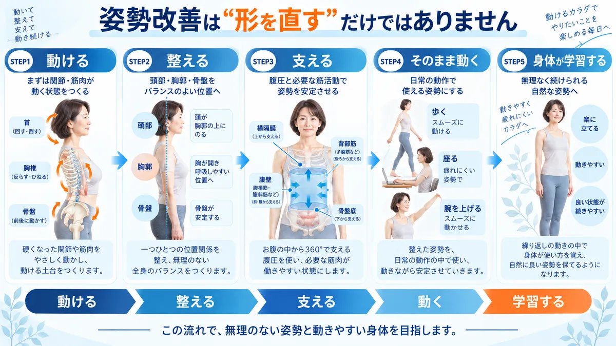 動ける整える支える動く学習するという姿勢改善の5ステップ
