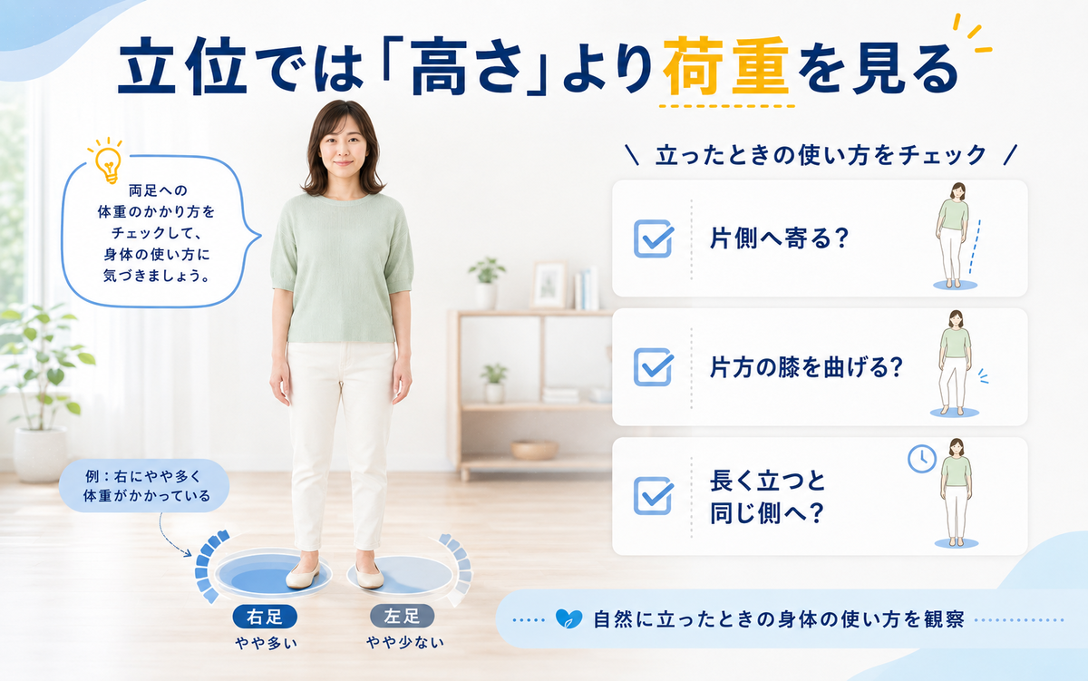 自然に立ったとき左右どちらへ体重をかけやすいか確認する骨盤セルフチェック