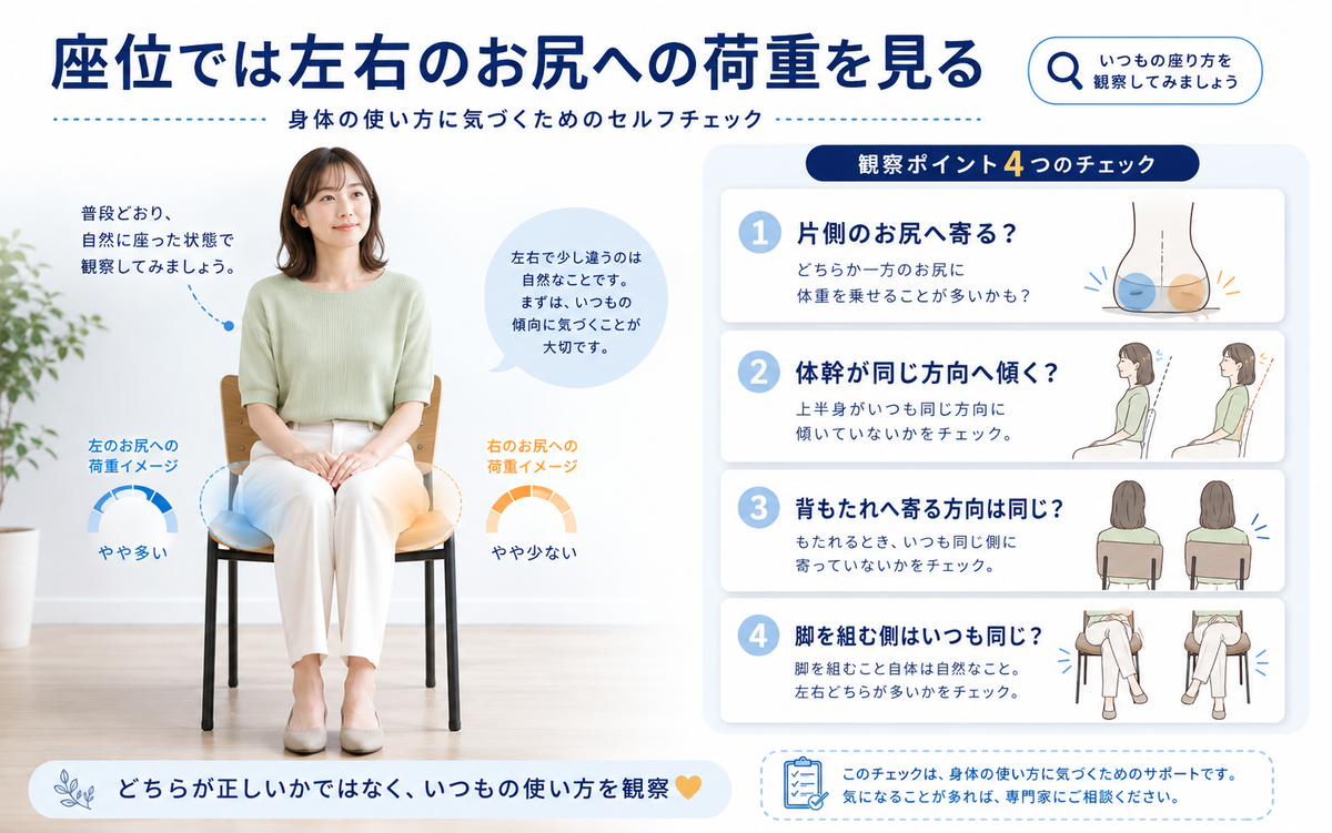 椅子に座ったとき左右のお尻への体重のかけ方を確認する骨盤セルフチェック