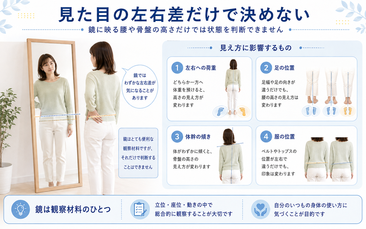 鏡で見える骨盤の高さだけでは左右差の原因を判断できないことを示す図