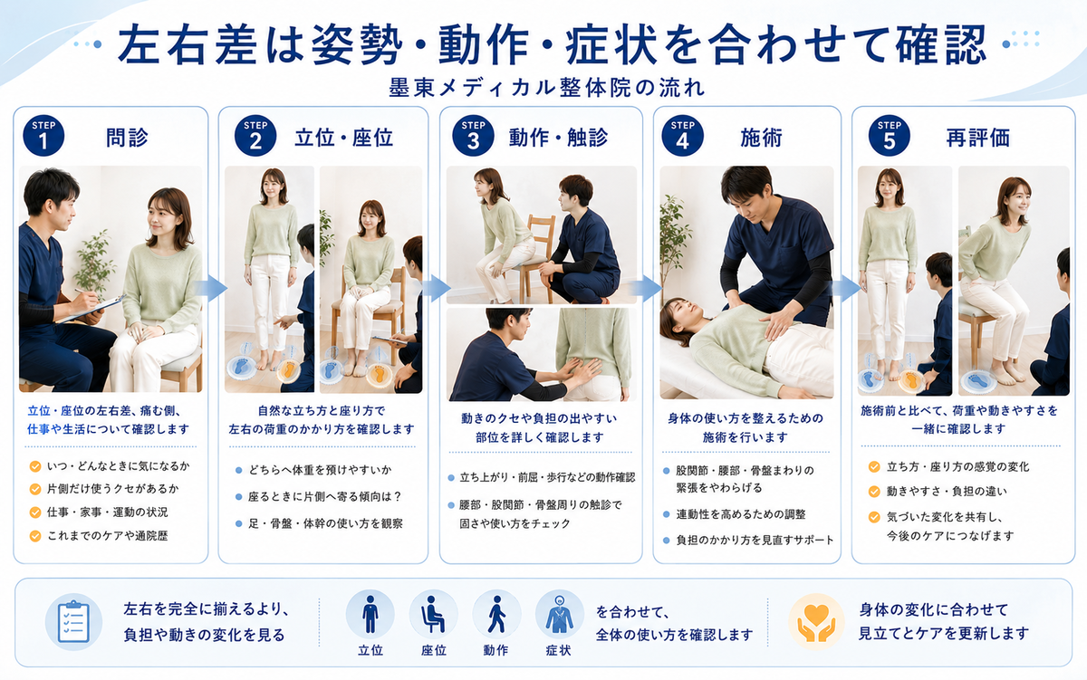骨盤の左右差について問診から立位座位の確認、施術、再評価まで行う整体の流れ