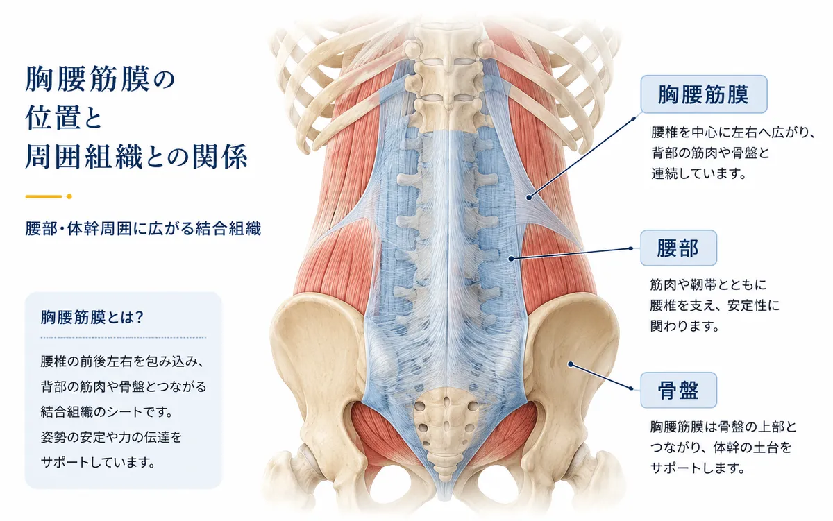 腰部から骨盤周囲に広がる胸腰筋膜と周囲の筋肉の位置関係