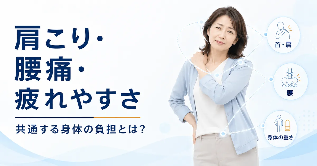 肩こり・腰痛・疲れやすさが同時に続く人の身体全体への負担を示す図解