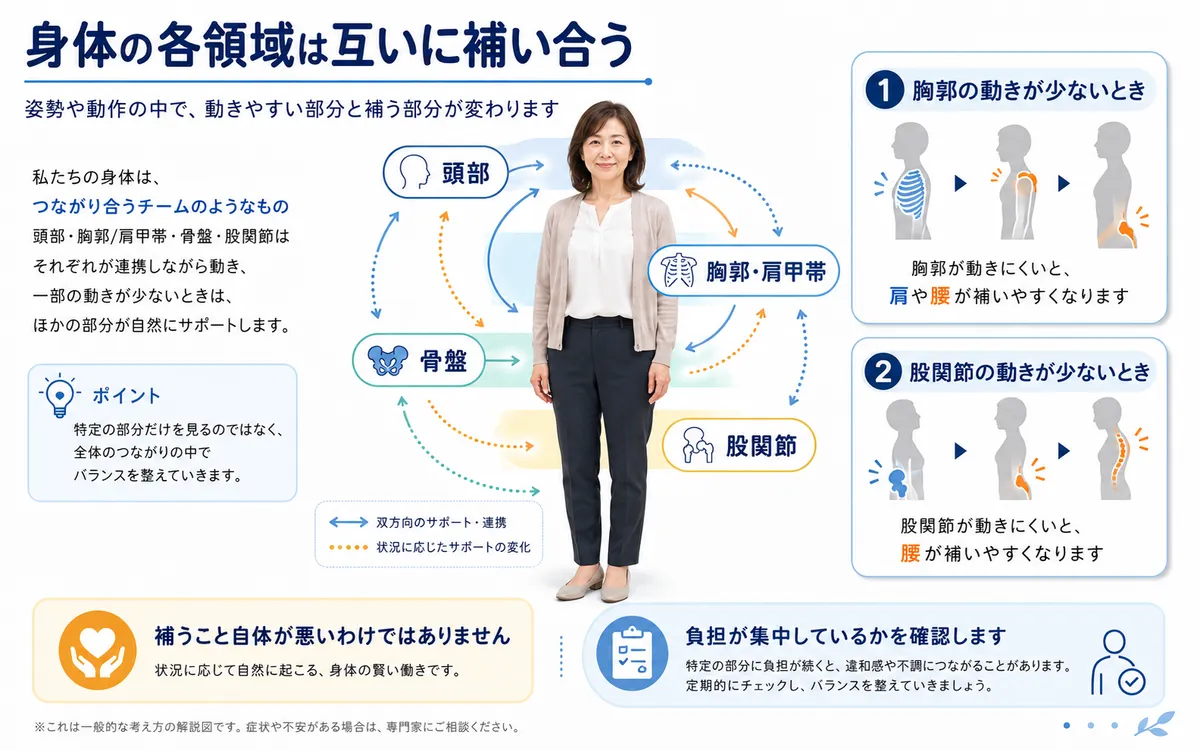 頭部・胸郭肩甲帯・骨盤・股関節が姿勢や動作を補い合う仕組み