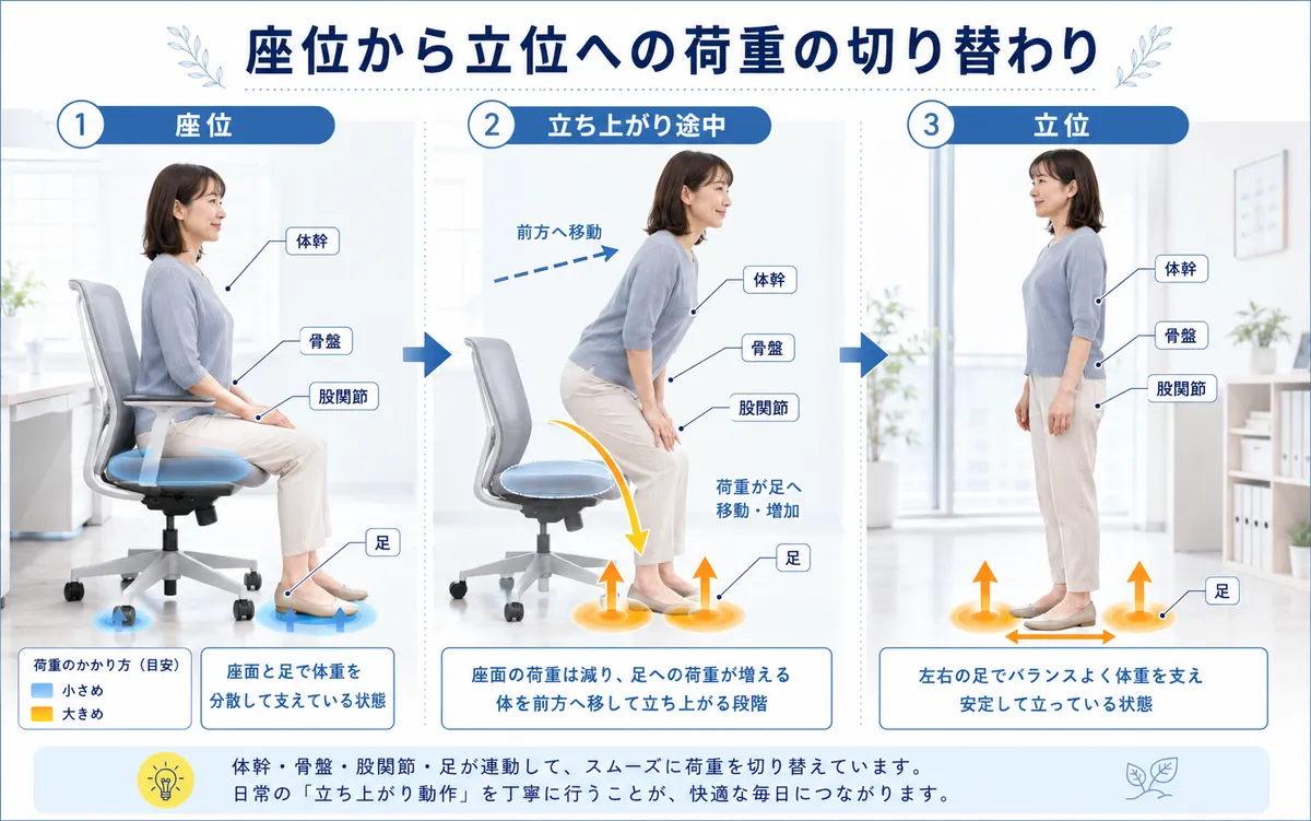 椅子から立つ動作を前方移動、臀部離床、立位の3段階に分けた図