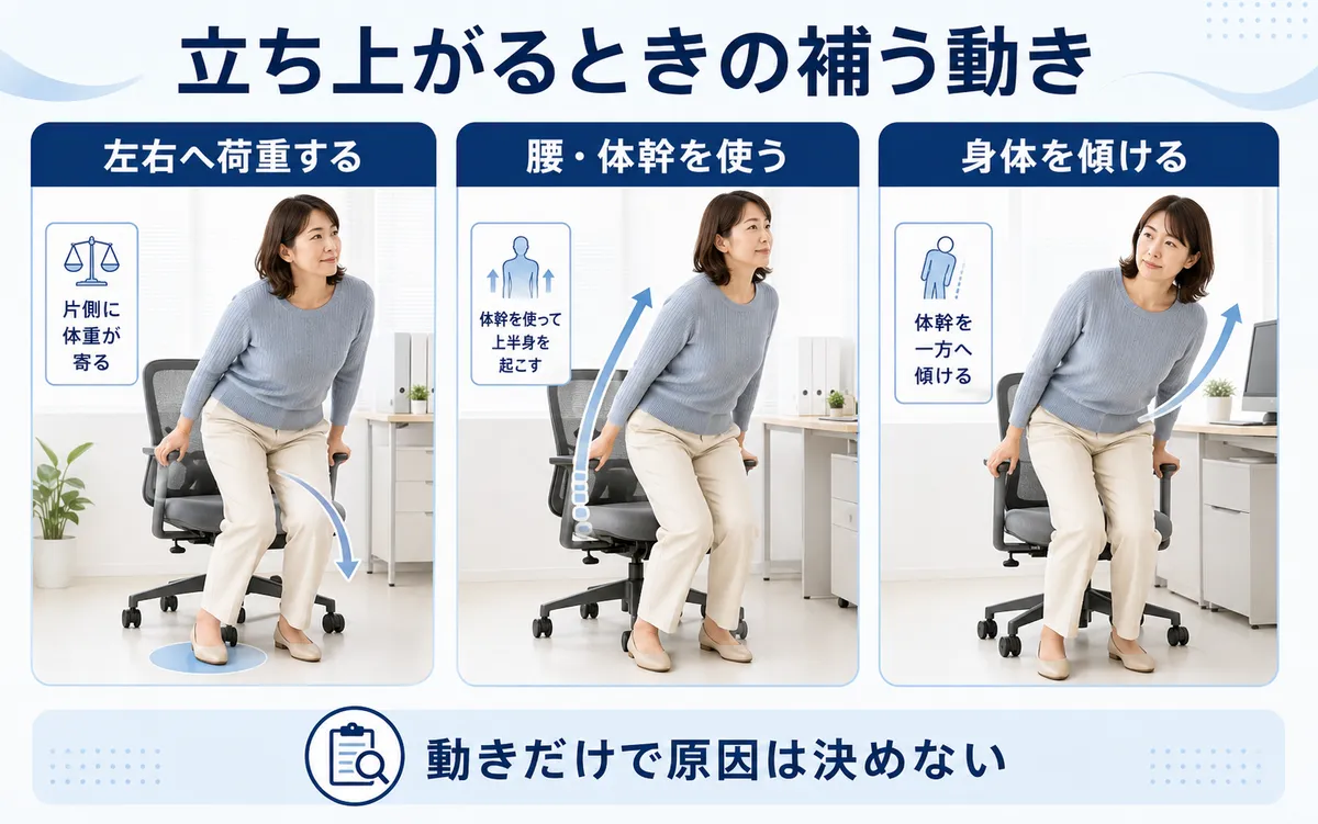 立ち上がる際の左右への荷重や体幹の傾きなど補う動きを比較した図