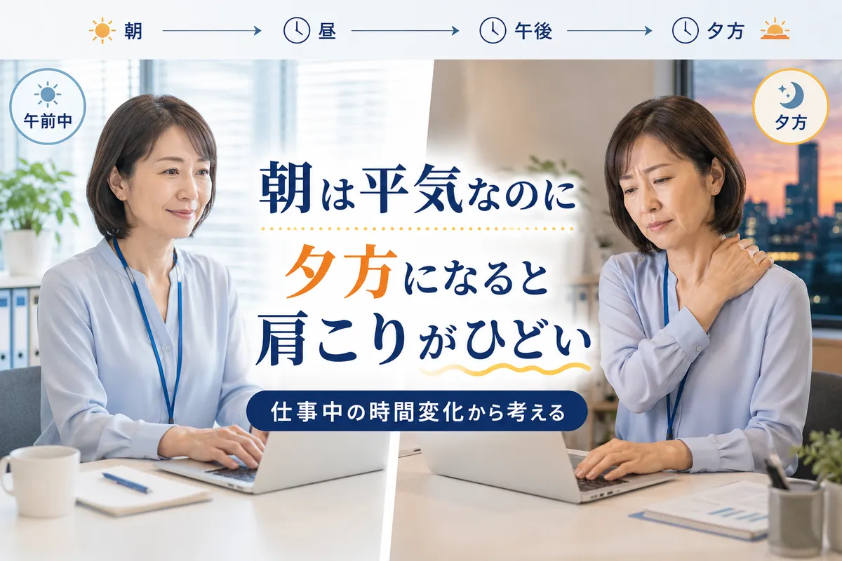 朝は楽でもデスクワークを続けると夕方に肩こりが強くなる女性