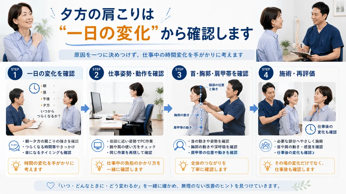 夕方の肩こりについて一日の変化、仕事姿勢、首・胸郭・肩甲帯を確認し施術後に再評価する流れ
