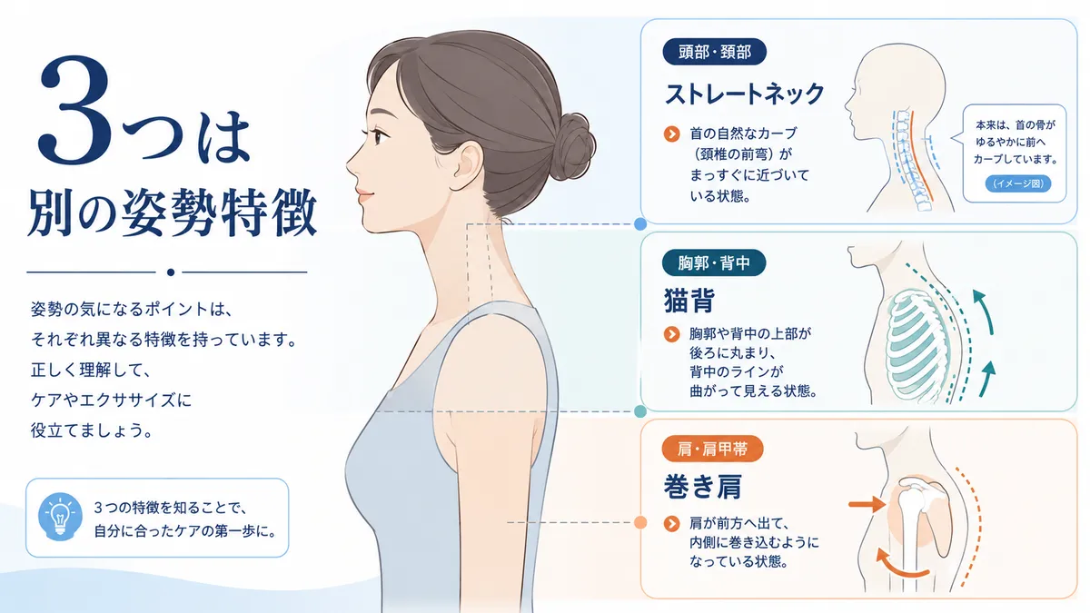 ストレートネック・猫背・巻き肩を頭部・胸郭・肩甲帯の異なる特徴として示した図