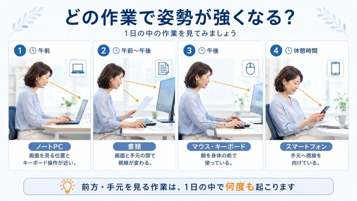 ノートPC・書類・マウス・スマートフォンなど姿勢に関わるデスクワーク条件