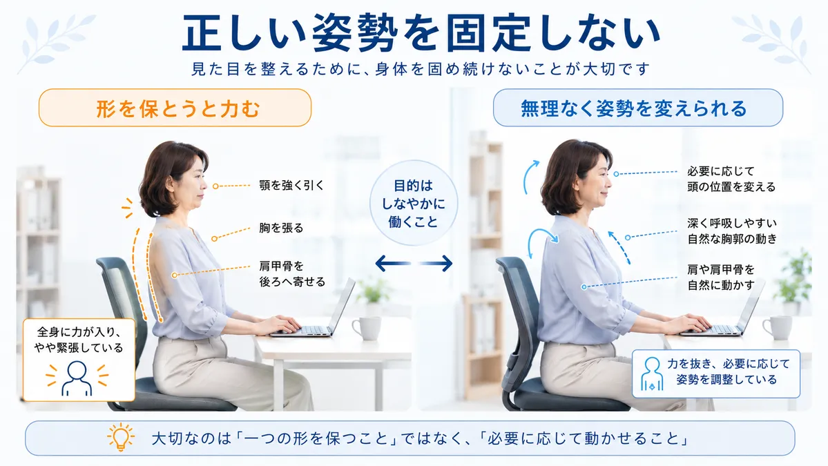 顎を引き胸を張って姿勢を固定する状態と無理なく姿勢を変えられる状態の比較