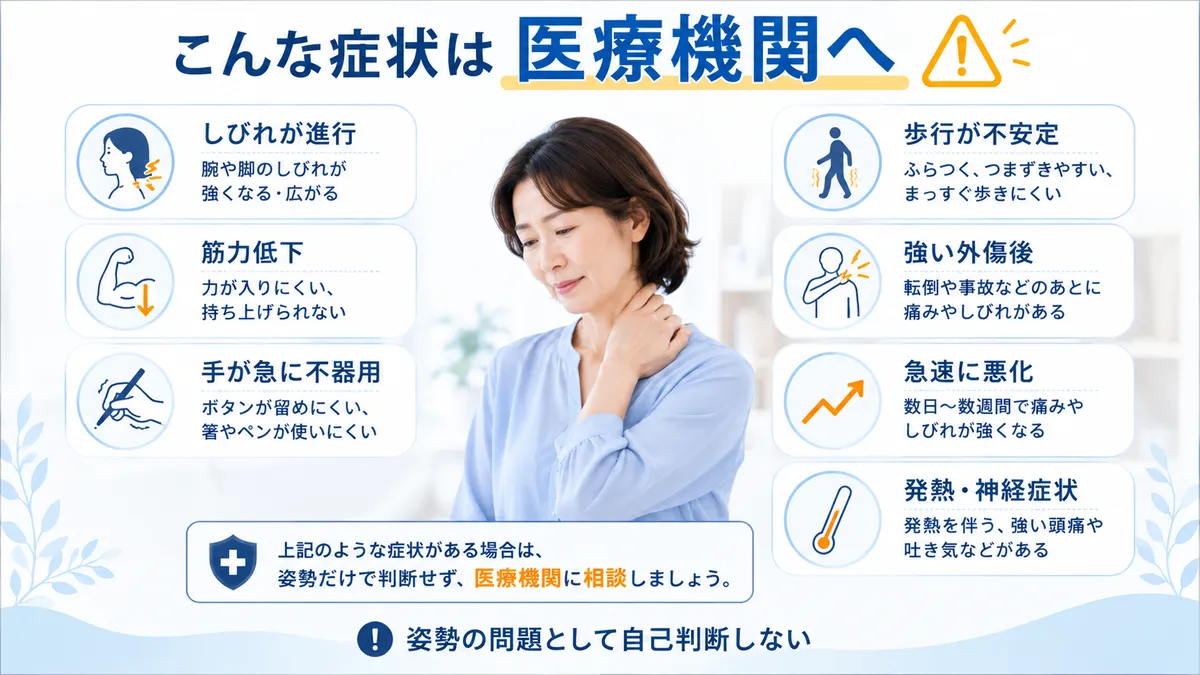 進行するしびれや筋力低下など首肩症状で医療機関を優先するサイン