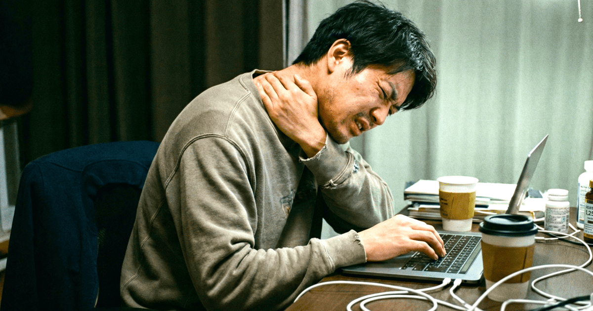猫背とストレートネックで肩こりを感じ、整体に行きたい男性