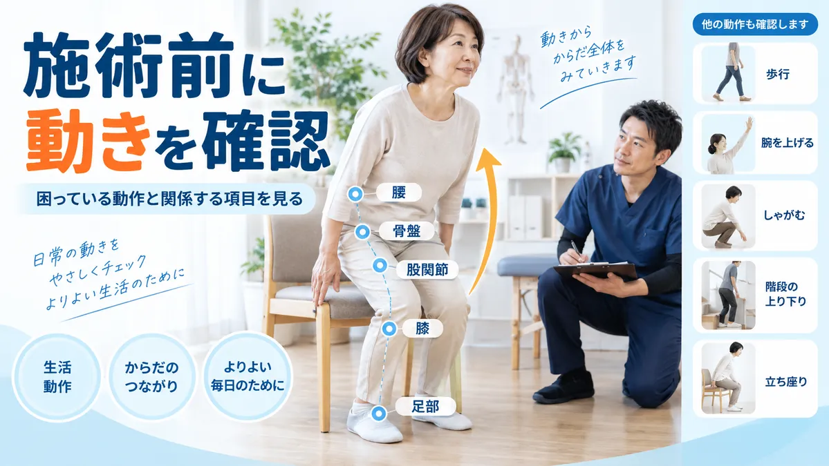 整体の施術前に椅子からの立ち上がりなど実際の動作を確認する場面