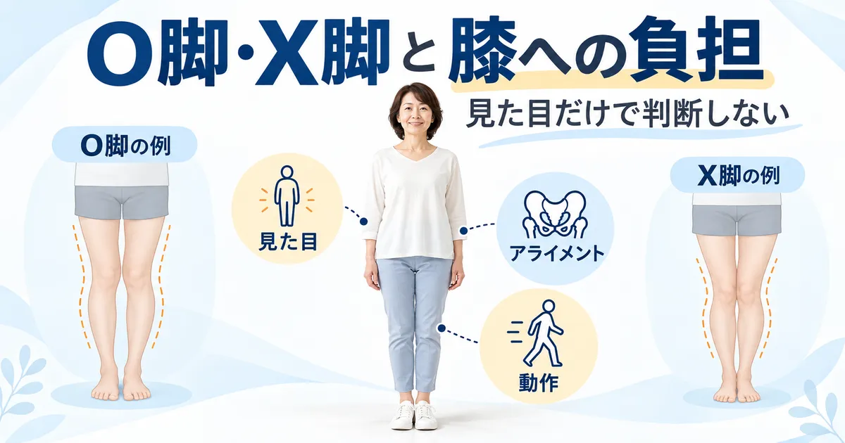 O脚・X脚の見た目と膝への負担を分けて考えることを示した図