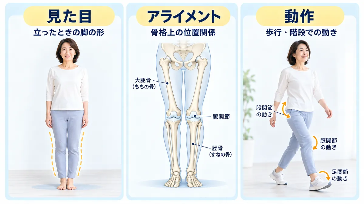 O脚・X脚を見た目・骨格上のアライメント・動作の3つに分けて確認する図