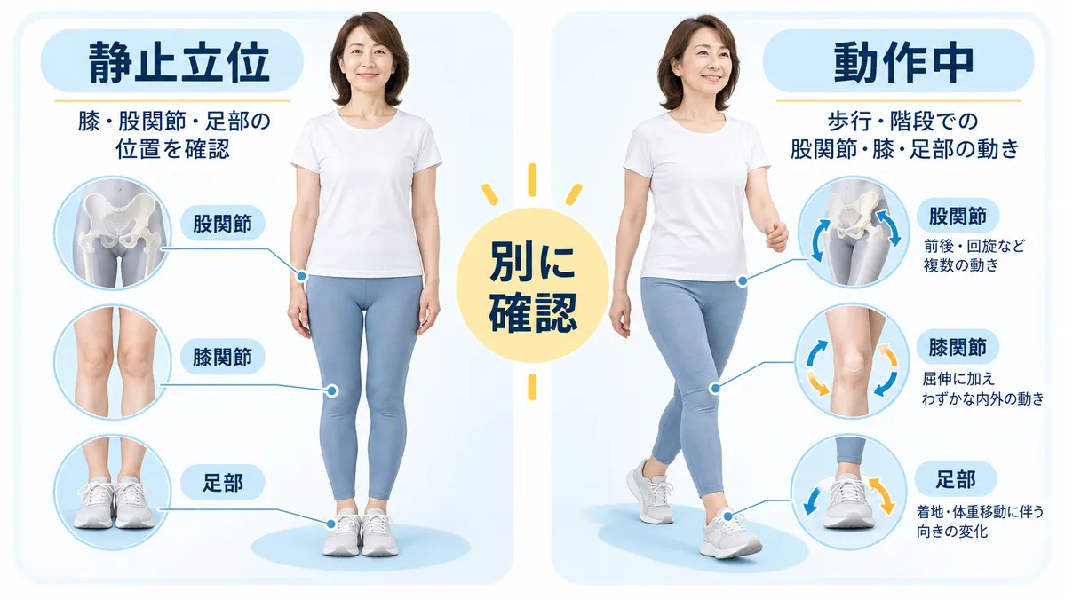 静止立位の脚の形と歩行など動作中の膝の動きを別に確認する図