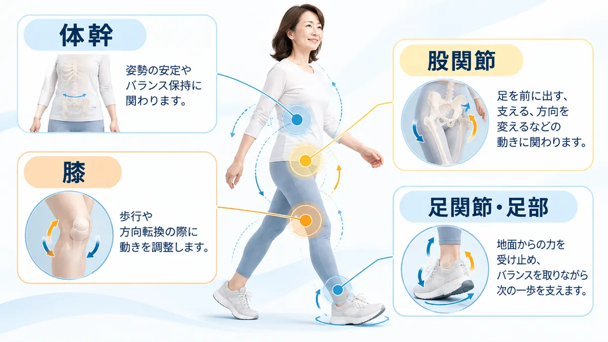 歩行時に膝だけでなく体幹・股関節・足関節・足部も合わせて確認する図