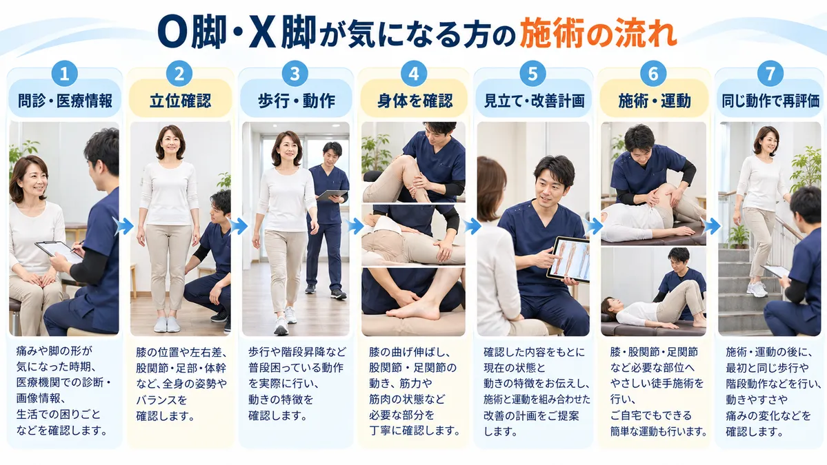 墨東メディカル整体院で問診から立位・歩行・身体確認・施術運動を行い同じ動作で再評価する流れ