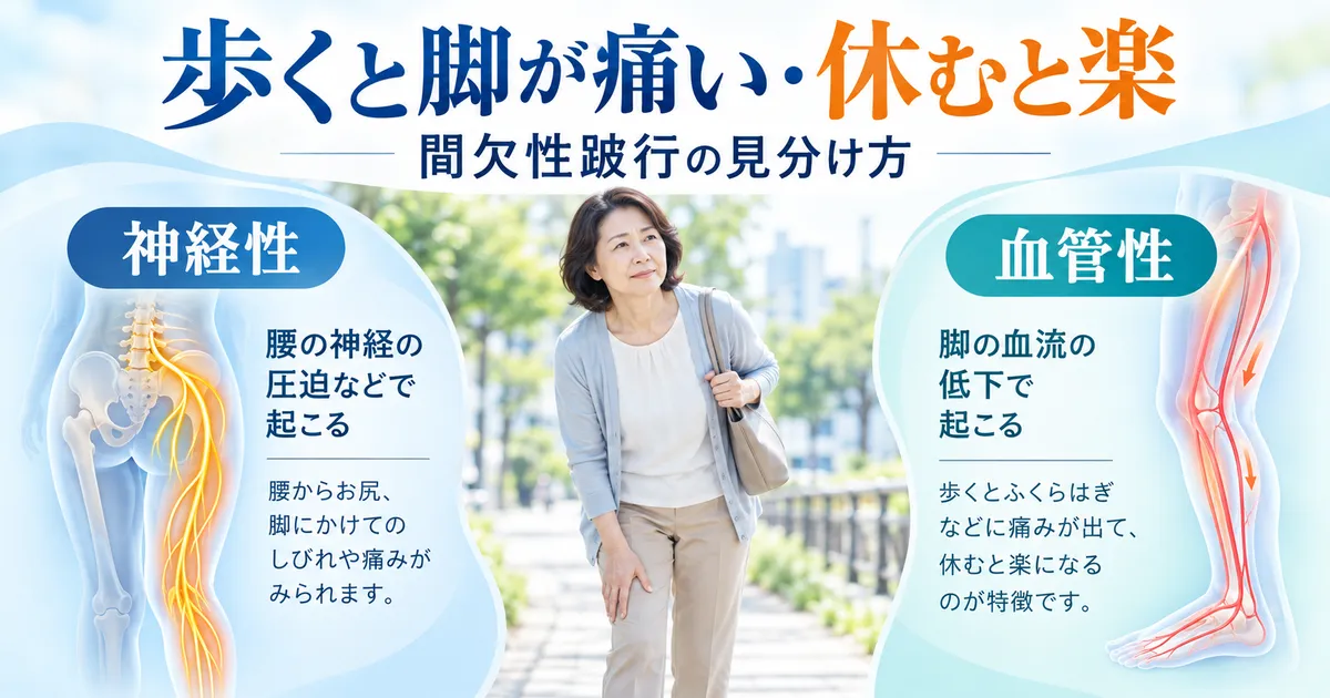 歩くと脚が痛く休むと楽になる間欠性跛行について神経性と血管性の違いを示す図