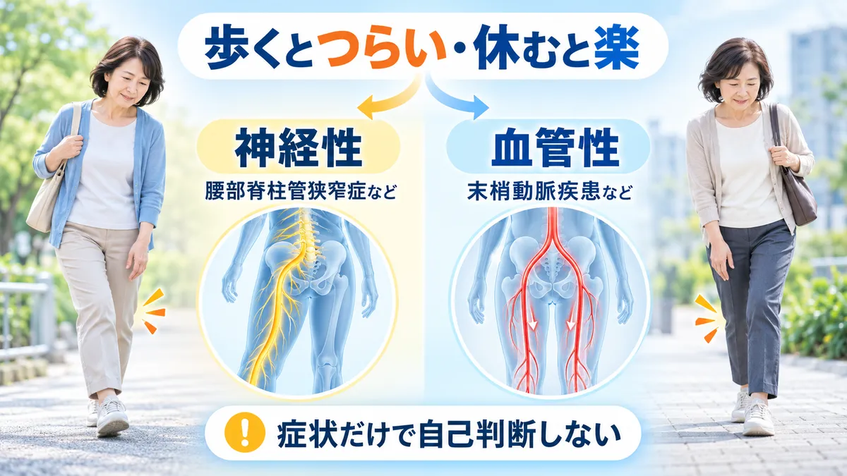 歩行で脚症状が出る間欠性跛行に神経性と血管性の異なる背景があることを示す図